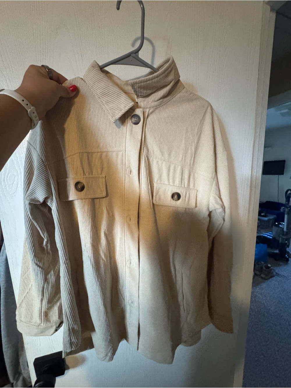 Amazon Cream Corduroy Button-Front Shirt Jacket